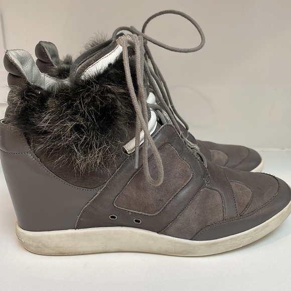 Y-3 Yohji Yamamoto Adidas Leather Wedge Sneaker US 8.5 Fur Trim Gray GUC - Picture 2 of 14